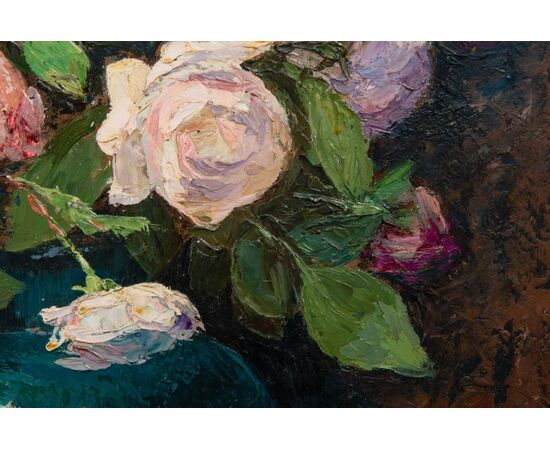 Roses in a vase on the table, French painting - O/5501