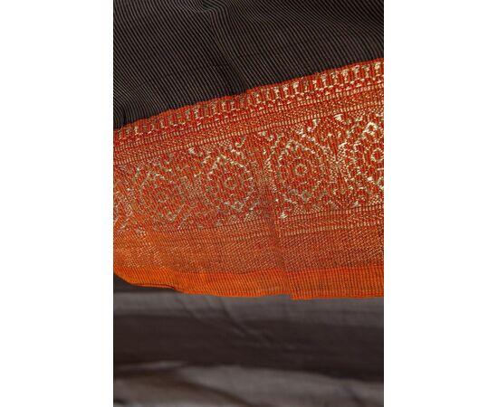 Antique Indian Sari, brown color, brick red and gold border - B/1524