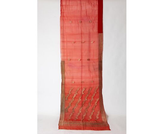 Antique Indian coral-colored Sari - B/1524-6