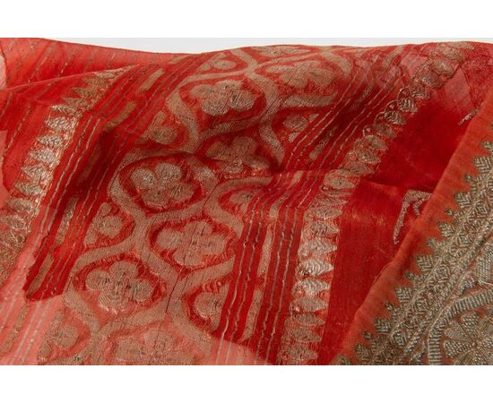 Antique Indian coral-colored Sari - B/1524-6