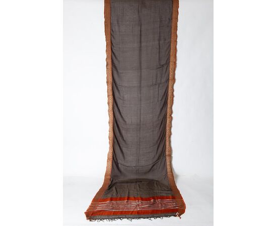 Antique Indian Sari, brown color, brick red and gold border - B/1524
