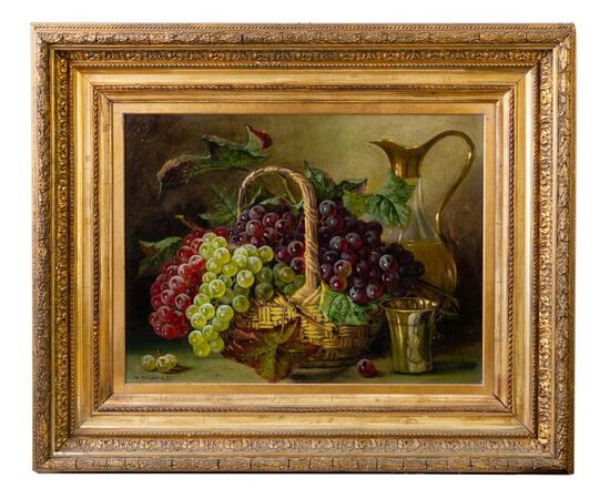 19th-century painting "grapes in a basket" - O/1699