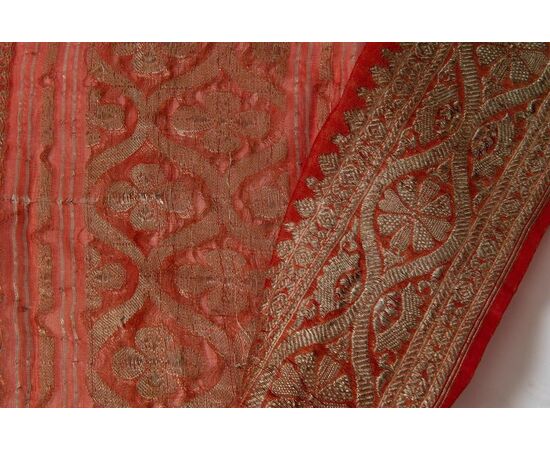 Antique Indian coral-colored Sari - B/1524-6