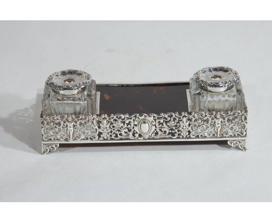 English silver and tortoiseshell inkwell - A/2128