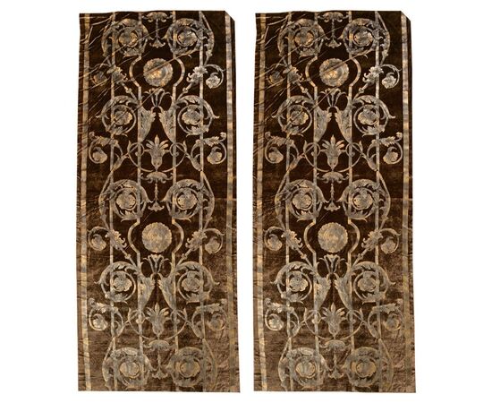 Coppia di pannelli in velluto marrone con stampa a mano - B/1778 -