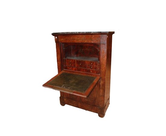 Secretaire francese di metà 1800 stile Impero con bocchette in bronzo e piano in marmo nero