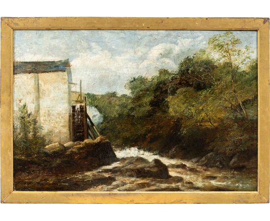 Pittore europeo (fine XIX sec.) - Paesaggio con mulino e ruscello.