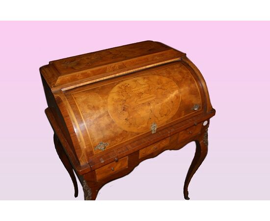 Stunning 19th-century French roll-top desk in richly inlaid carob wood