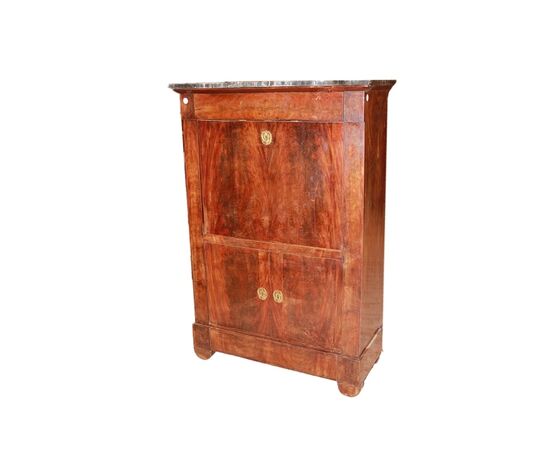 Secretaire francese di metà 1800 stile Impero con bocchette in bronzo e piano in marmo nero