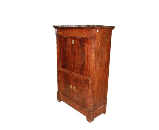 Secretaire francese di metà 1800 stile Impero con bocchette in bronzo e piano in marmo nero