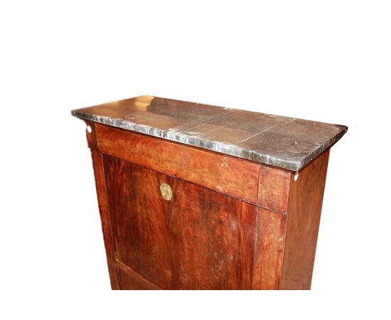 Secretaire francese di metà 1800 stile Impero con bocchette in bronzo e piano in marmo nero