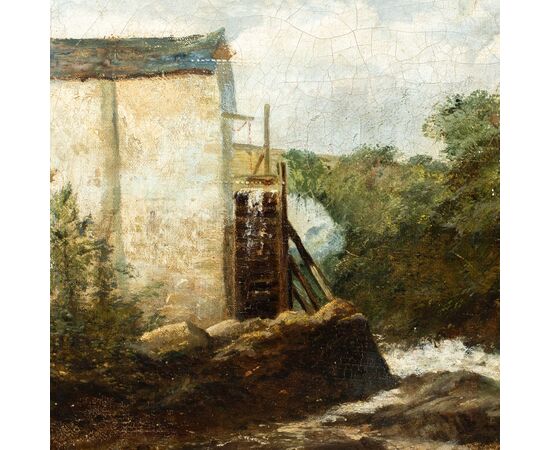 Pittore europeo (fine XIX sec.) - Paesaggio con mulino e ruscello.