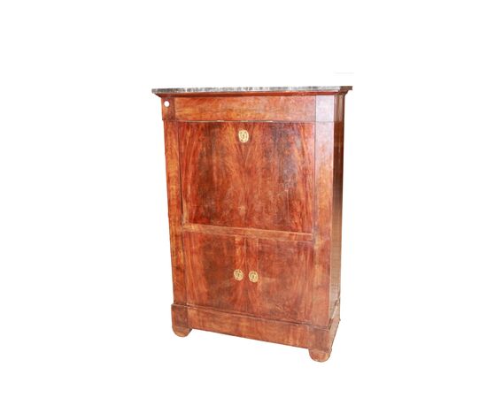 Secretaire francese di metà 1800 stile Impero con bocchette in bronzo e piano in marmo nero