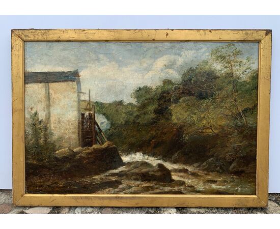 Pittore europeo (fine XIX sec.) - Paesaggio con mulino e ruscello.