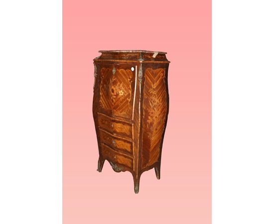 Secretaire riccamente intarsiato con marmo stile Luigi XV del 1800 francese