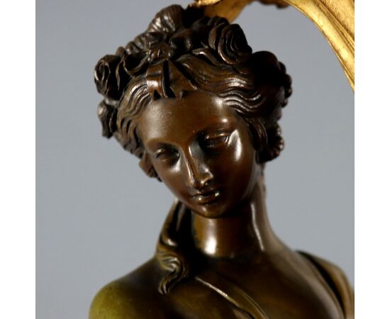 Coppia di Candelabri in Bronzo e Marmo Verde Alpi Francia Fine '800 Primi '900
