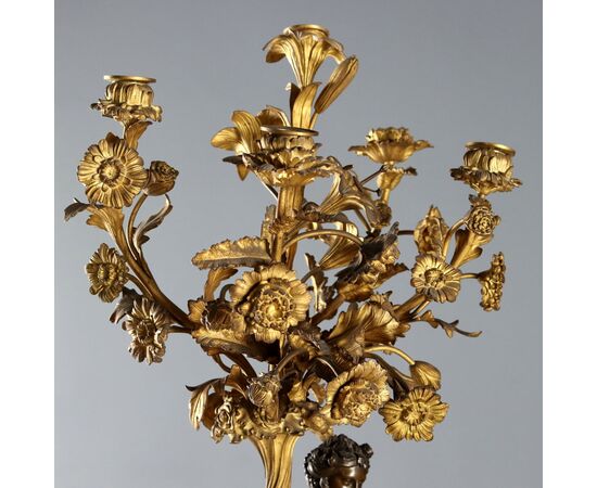 Coppia di Candelabri in Bronzo e Marmo Verde Alpi Francia Fine '800 Primi '900