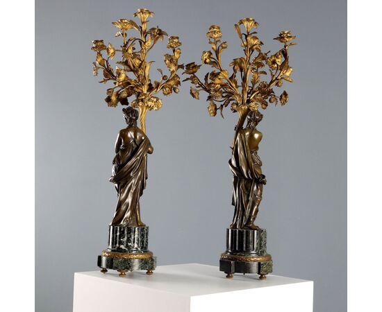 Coppia di Candelabri in Bronzo e Marmo Verde Alpi Francia Fine '800 Primi '900