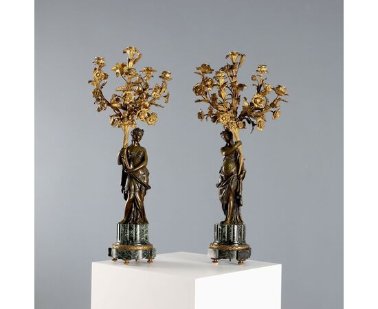 Coppia di Candelabri in Bronzo e Marmo Verde Alpi Francia Fine '800 Primi '900