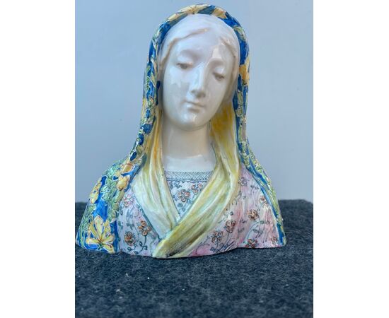 Majolica bust, Madonna, made by Angelo Minghetti, Bologna.     