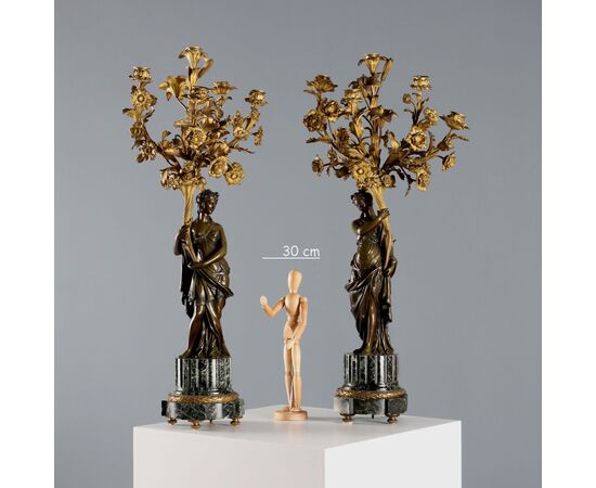 Coppia di Candelabri in Bronzo e Marmo Verde Alpi Francia Fine '800 Primi '900