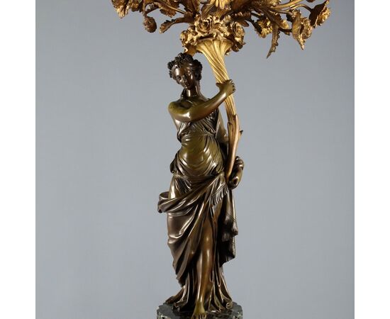 Coppia di Candelabri in Bronzo e Marmo Verde Alpi Francia Fine '800 Primi '900