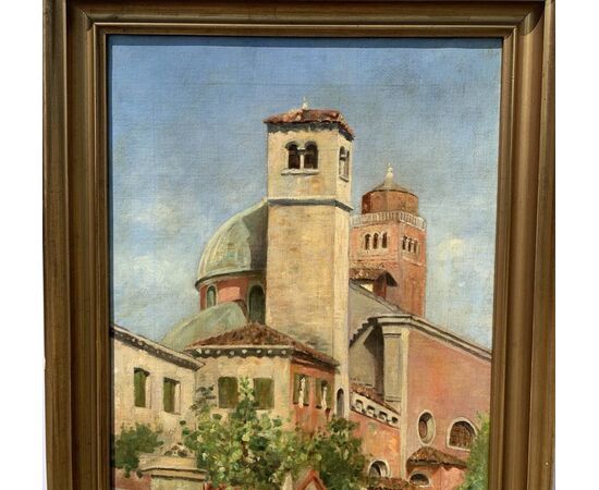 Pittore veneziano (XIX sec.) - Venezia, veduta del Campiello del le Chiovere verso la chiesa di S. Rocco e il campanile di S. Maria Gloriosa dei Frari.