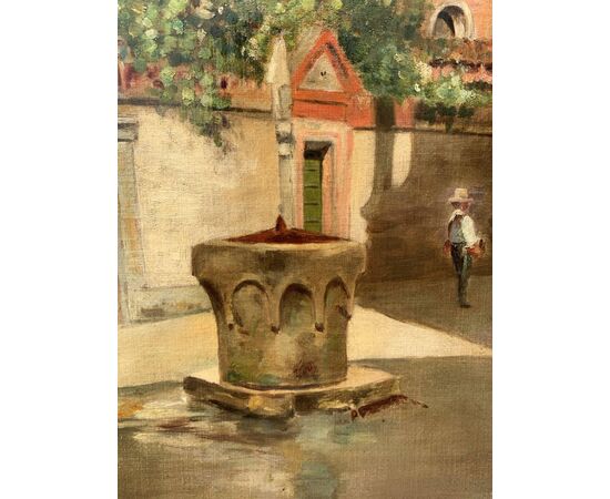 Pittore veneziano (XIX sec.) - Venezia, veduta del Campiello del le Chiovere verso la chiesa di S. Rocco e il campanile di S. Maria Gloriosa dei Frari.