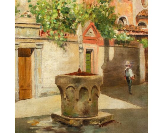 Pittore veneziano (XIX sec.) - Venezia, veduta del Campiello del le Chiovere verso la chiesa di S. Rocco e il campanile di S. Maria Gloriosa dei Frari.