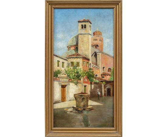 Pittore veneziano (XIX sec.) - Venezia, veduta del Campiello del le Chiovere verso la chiesa di S. Rocco e il campanile di S. Maria Gloriosa dei Frari.