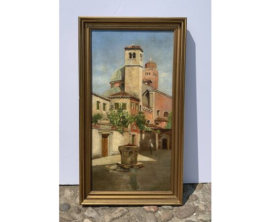 Pittore veneziano (XIX sec.) - Venezia, veduta del Campiello del le Chiovere verso la chiesa di S. Rocco e il campanile di S. Maria Gloriosa dei Frari.