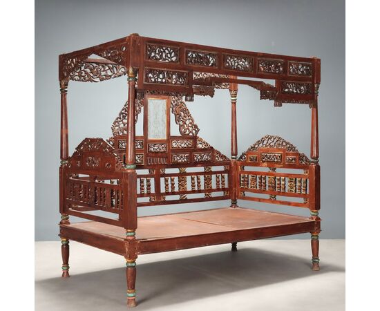 Letto a Baldacchino in Legno Esotico India Inizio XX Secolo