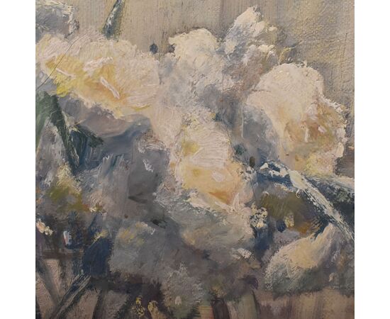 ANTIQUE FLOWER PAINTINGS, STILL LIFE WITH VASE OF WHITE CARNATIONS, OIL ON CANVAS, EARLY 20TH CENTURY. (QF691)