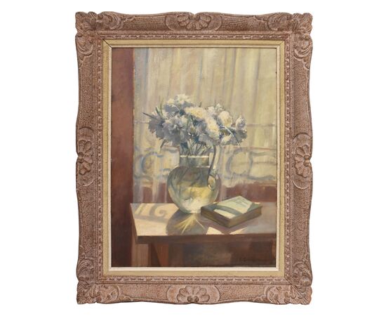 ANTIQUE FLOWER PAINTINGS, STILL LIFE WITH VASE OF WHITE CARNATIONS, OIL ON CANVAS, EARLY 20TH CENTURY. (QF691)