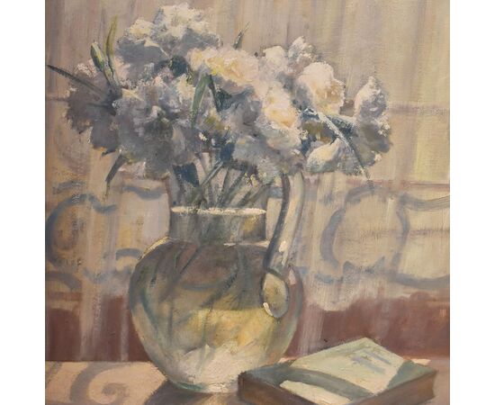 ANTIQUE FLOWER PAINTINGS, STILL LIFE WITH VASE OF WHITE CARNATIONS, OIL ON CANVAS, EARLY 20TH CENTURY. (QF691)