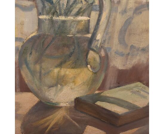 ANTIQUE FLOWER PAINTINGS, STILL LIFE WITH VASE OF WHITE CARNATIONS, OIL ON CANVAS, EARLY 20TH CENTURY. (QF691)