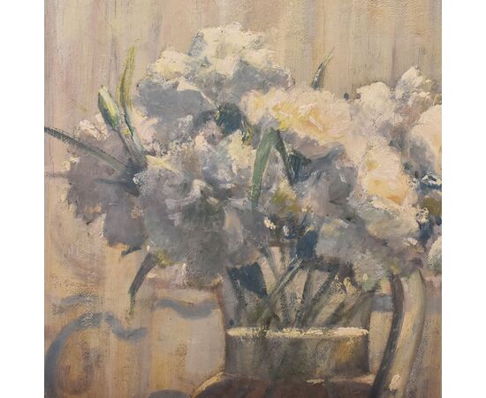ANTIQUE FLOWER PAINTINGS, STILL LIFE WITH VASE OF WHITE CARNATIONS, OIL ON CANVAS, EARLY 20TH CENTURY. (QF691)