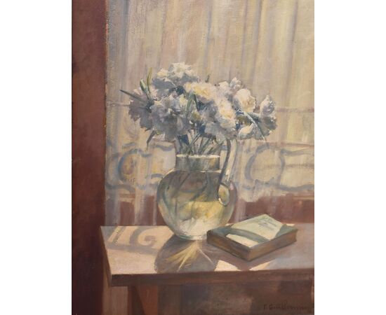 ANTIQUE FLOWER PAINTINGS, STILL LIFE WITH VASE OF WHITE CARNATIONS, OIL ON CANVAS, EARLY 20TH CENTURY. (QF691)