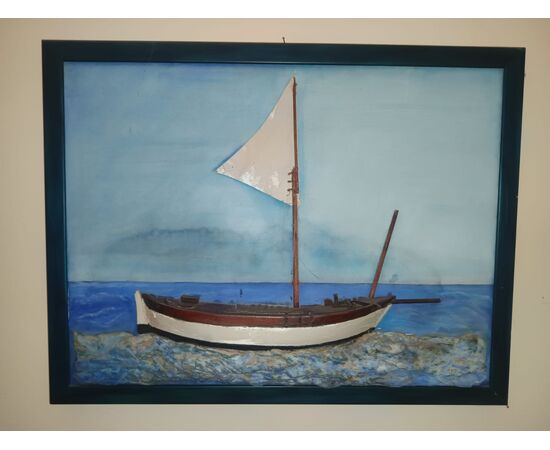 barca a vela su tavola in legno cm.87x67