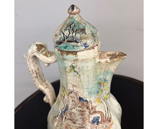 Antique majolica - ceramic Coffee pot – Pitcher 18th century Albissola painted. Height 33 cm