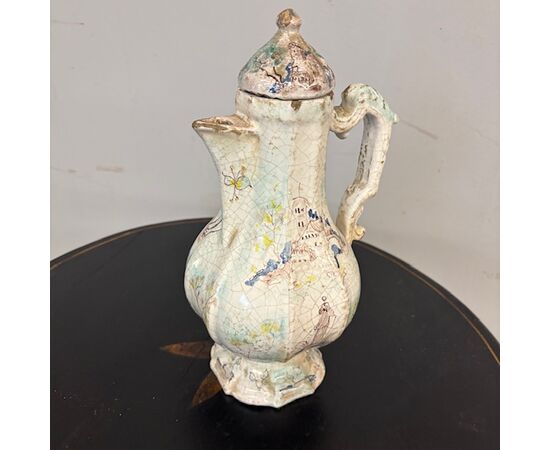 Antique majolica - ceramic Coffee pot – Pitcher 18th century Albissola painted. Height 33 cm