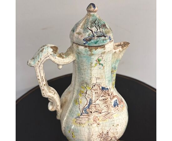 Antique majolica - ceramic Coffee pot – Pitcher 18th century Albissola painted. Height 33 cm