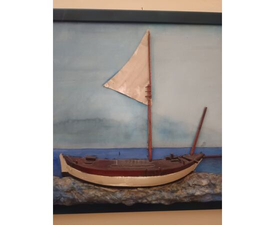 barca a vela su tavola in legno cm.87x67