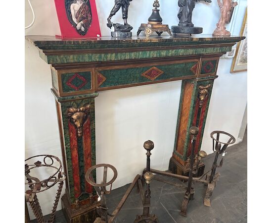 Antico splendido camino cornice Dipinto epoca XIX se . Mis L 148 x P 27 . H 130
