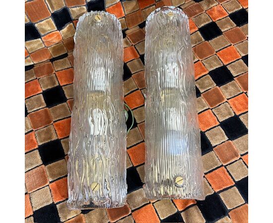 Pair of DESIGN wall lamps in Murano glass - VENINI, model "carteccia". 1960s. Size 42 cm.