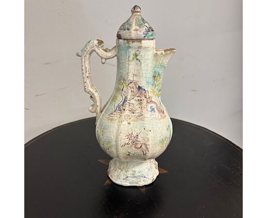 Antique majolica - ceramic Coffee pot – Pitcher 18th century Albissola painted. Height 33 cm