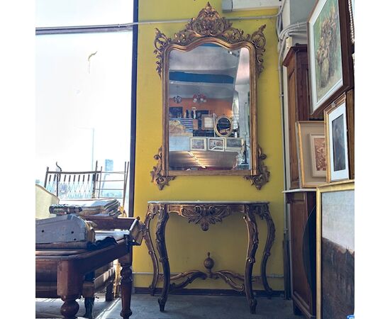 Antique monumental console + mirror Louis Philippe 1840 Gold leaf Roman area. Dimensions h 297