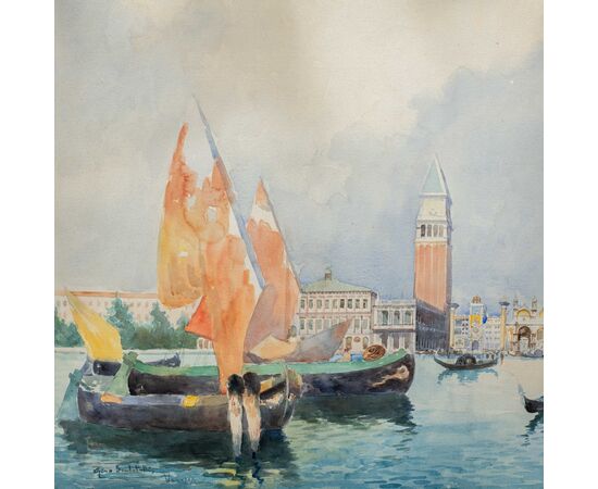 Gino Scalatelli (Venezia 1870 - Venezia 1920) - Venezia, veduta del bacino di S. Marco.