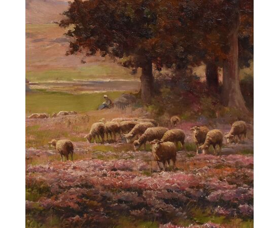 ANTIQUE PAINTINGS WITH LANDSCAPES WITH FLOCK, ÉDOUARD PAIL, OIL ON CANVAS, LATE 19TH CENTURY. (QP693)