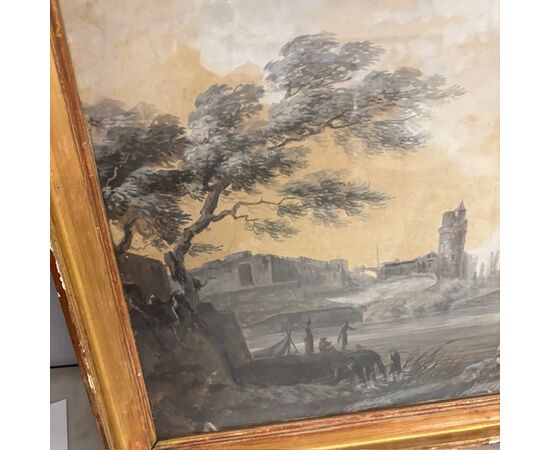 Antique 18th-century grisaille painting on paper, marine port scene. Gilded frame. Size 67 x 51 cm.